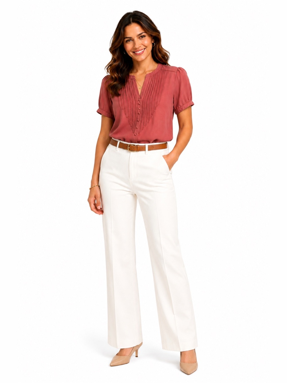 New York & Company Pintuck Button-Front Short Sleeve Top - Rose